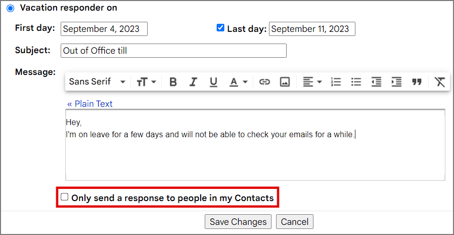 ответ только для контактов в автоответчике в Gmail на рабочем столе