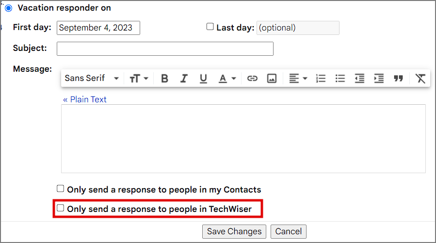 ответ только для домена в автоответчике в Gmail на рабочем столе