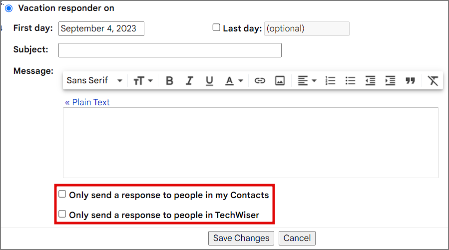 Ответ только для контактов и домена в ответе на отпуск в Gmail на рабочем столе