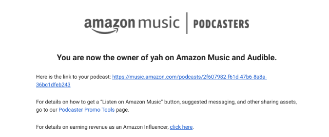 Электронное письмо с подтверждением загрузки подкаста на Amazon Music