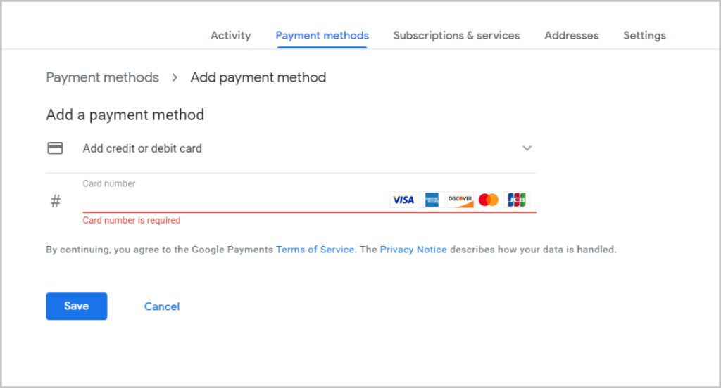 добавление способов оплаты в Google Chrome