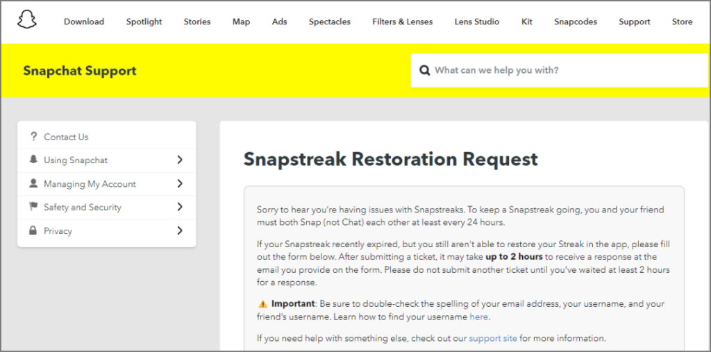 Форма запроса на восстановление Snapstreak на странице поддержки Snapchat.
