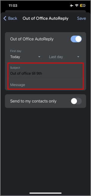 тема и сообщение об отсутствии на работе в приложении Gmail на iPhone
