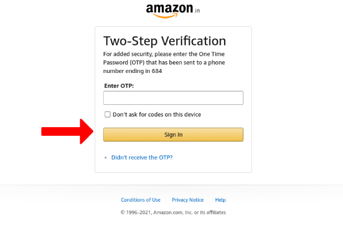 Введите OTP с телефона на Amazon