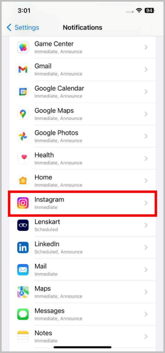 Опция уведомлений Instagram в настройках iPhone