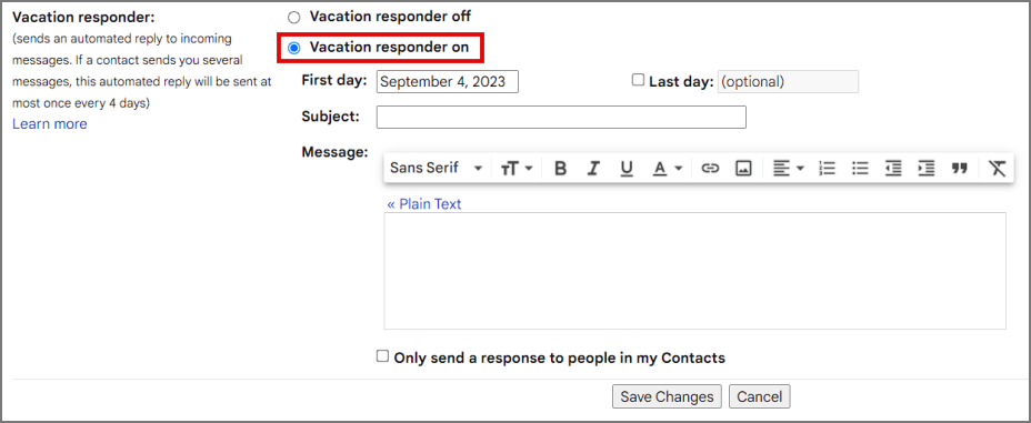 включение автоответчика в Gmail на рабочем столе
