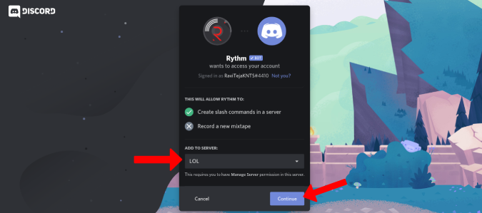 Выбор сервера Discord для добавления Rythm