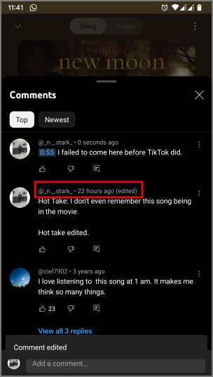 отредактированный комментарий отображается в поле комментариев YouTube Music