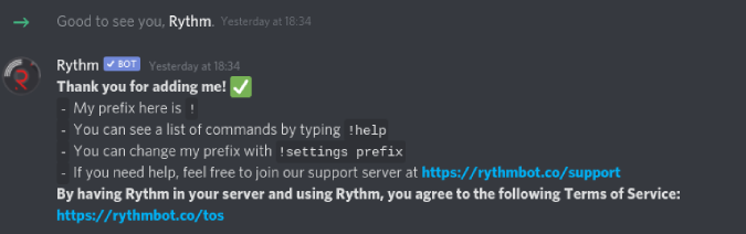 Приветственное сообщение Rythm на сервере Discord