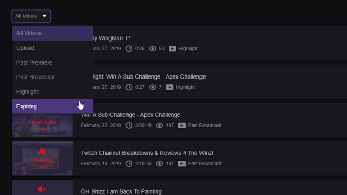 Сортировка видео в Twitch