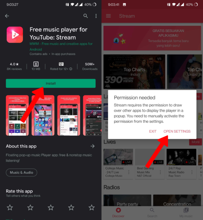 Использование приложения Stream для воспроизведения песен Youtube Music