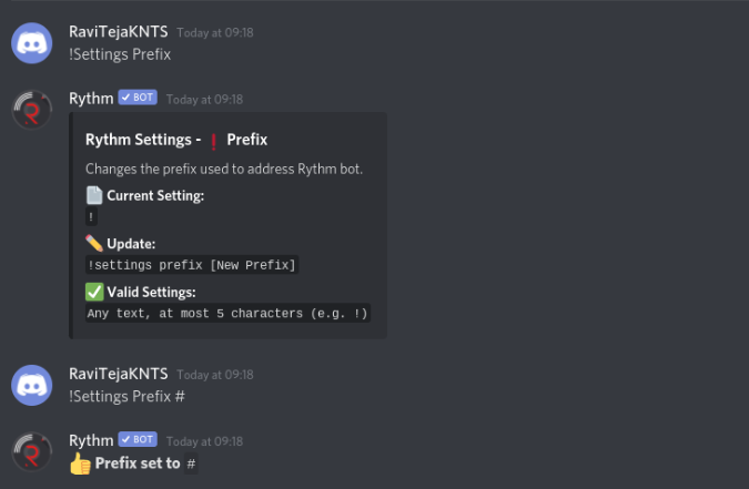 Изменение префикса для Rythm в Discord