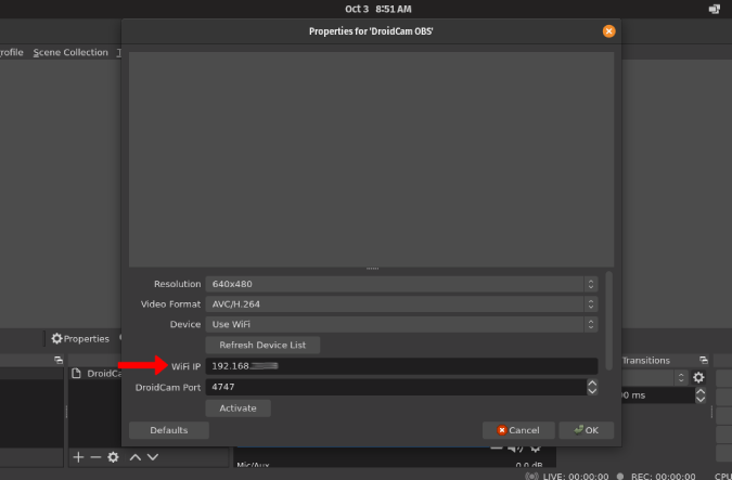 Ввод IP-адреса WiFi в OBS Studio