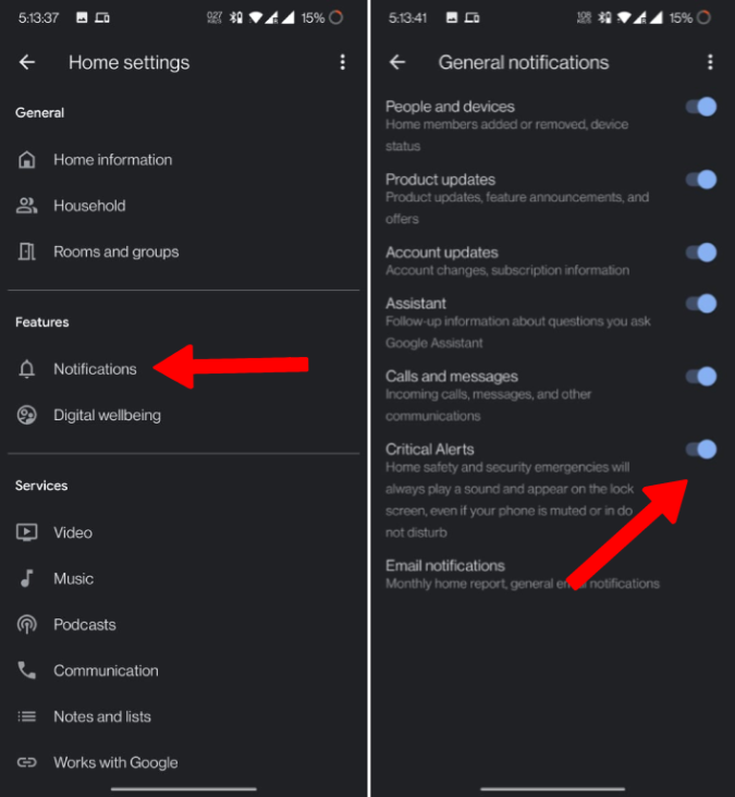 Включение критических оповещений в приложении Google Home на Android