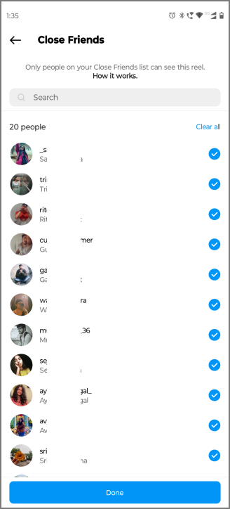 Список близких друзей в приложении Instagram