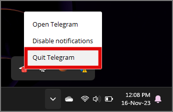 Закрытие Telegram из системного трея на панели задач в Windows