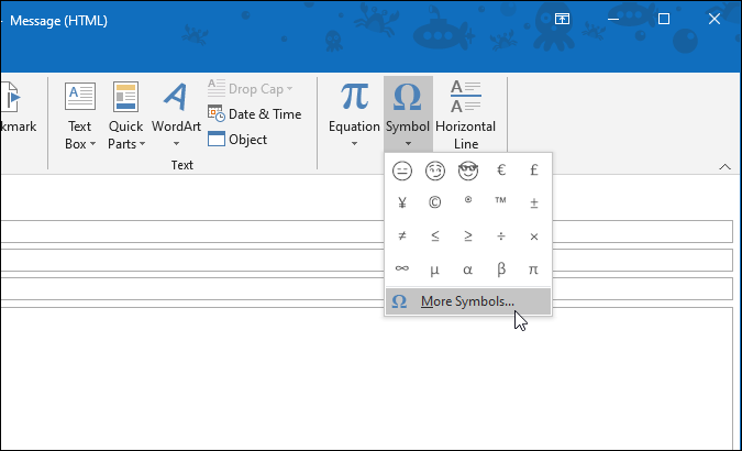 настройки символов в настольном приложении Outlook