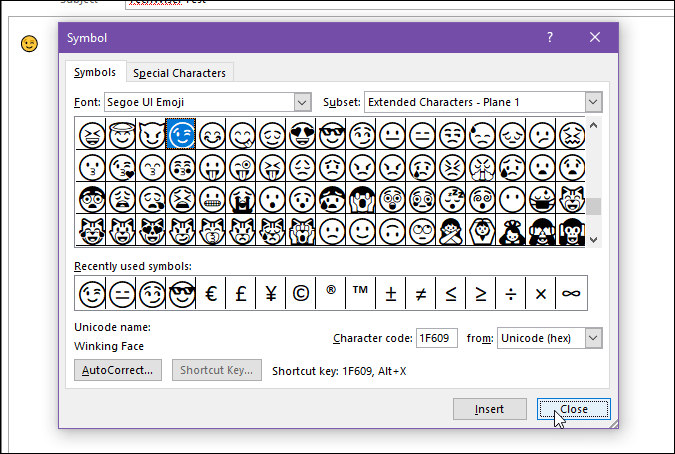 вставить смайлик в Outlook, используя символ