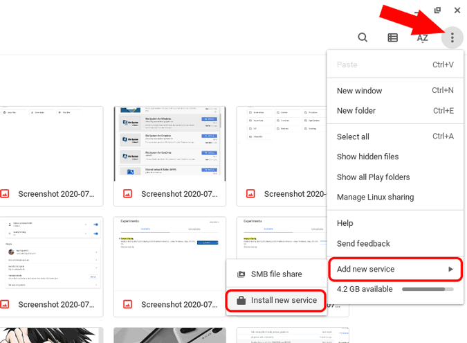 установка новой службы в файловом менеджере на Chromebook