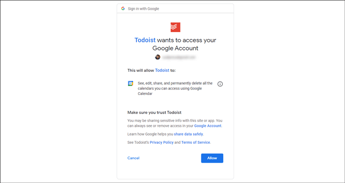 разрешить todoist доступ к календарю Google