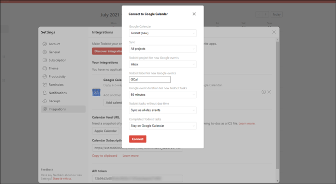 настроить синхронизацию todoist и google календаря