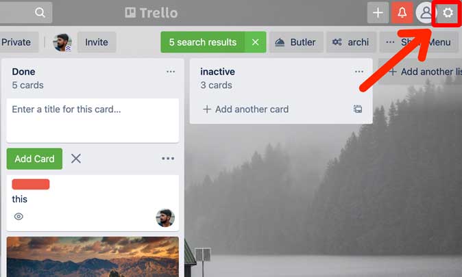 кнопка настроек в Trello