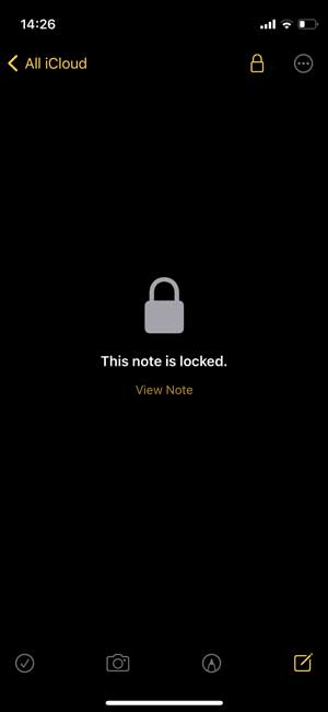 Заблокированная заметка в приложении Apple Notes