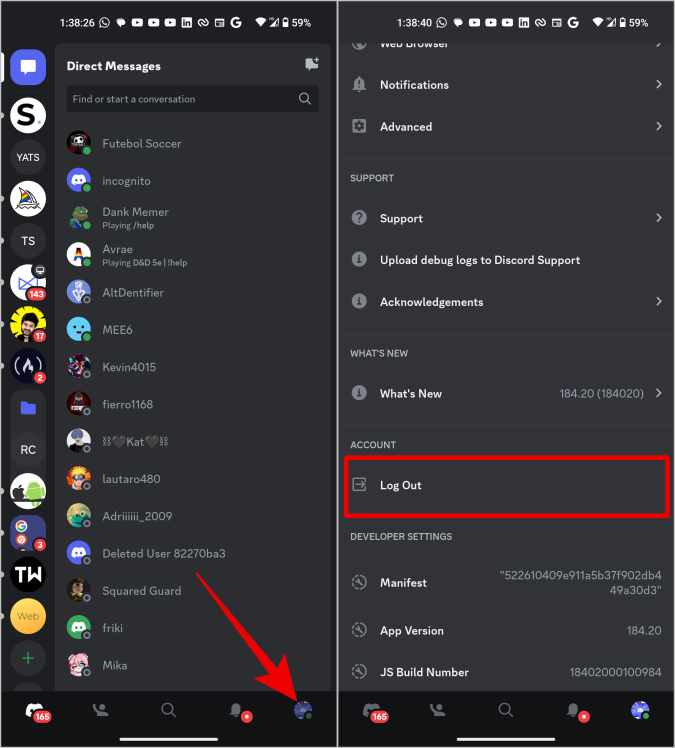 Выйти из Discord Mobile