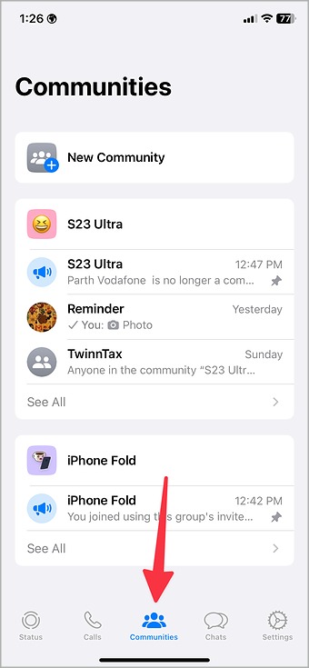 вкладка «Сообщества» в WhatsApp для iPhone