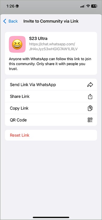 поделиться или сбросить ссылку на сообщество в WhatsApp