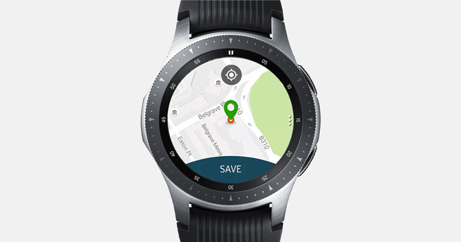 Снимок экрана Galaxy Watch с приложением Map My Run, на котором показана стартовая позиция и кнопка «Сохранить».