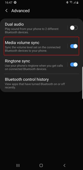 включить синхронизацию громкости мультимедиа в расширенных настройках Bluetooth в Samsung Note 9