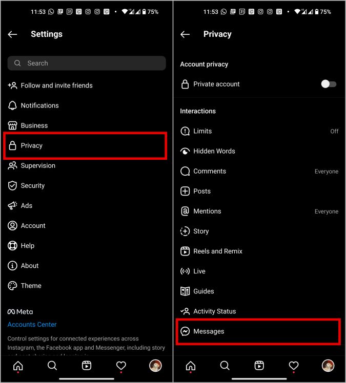 Опция «Сообщения» в настройках конфиденциальности в Instagram