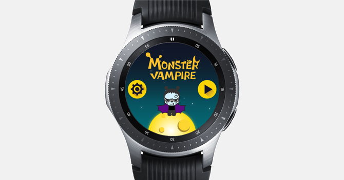 Скриншот Galaxy Watch с игрой Monster Vampire. Милый маленький монстр с распростертыми крыльями на желтой планете.