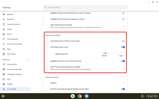 Настройки мыши в Chromebook