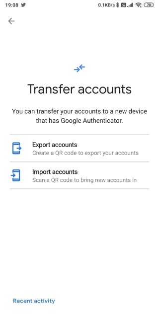 Окно переноса учетных записей Google Authenticator