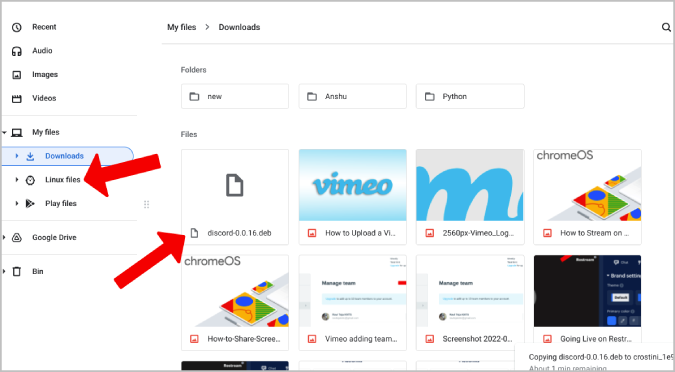 Перемещение файла Deb Discord в папку Linux на Chromebook
