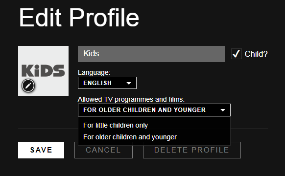 Редактировать детский профиль Netflix
