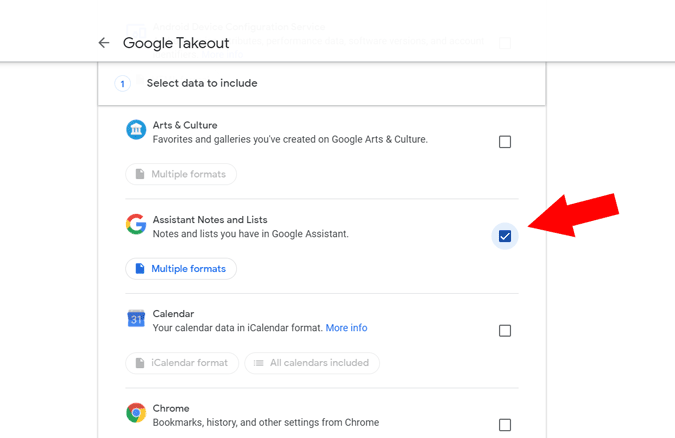 Выбор опции «Заметки и списки Ассистента» в Google Takeout