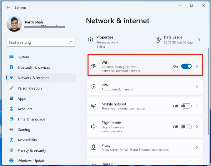 Меню Wi-Fi в Windows 11