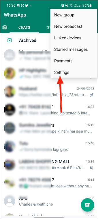 открыть настройки WhatsApp на Android