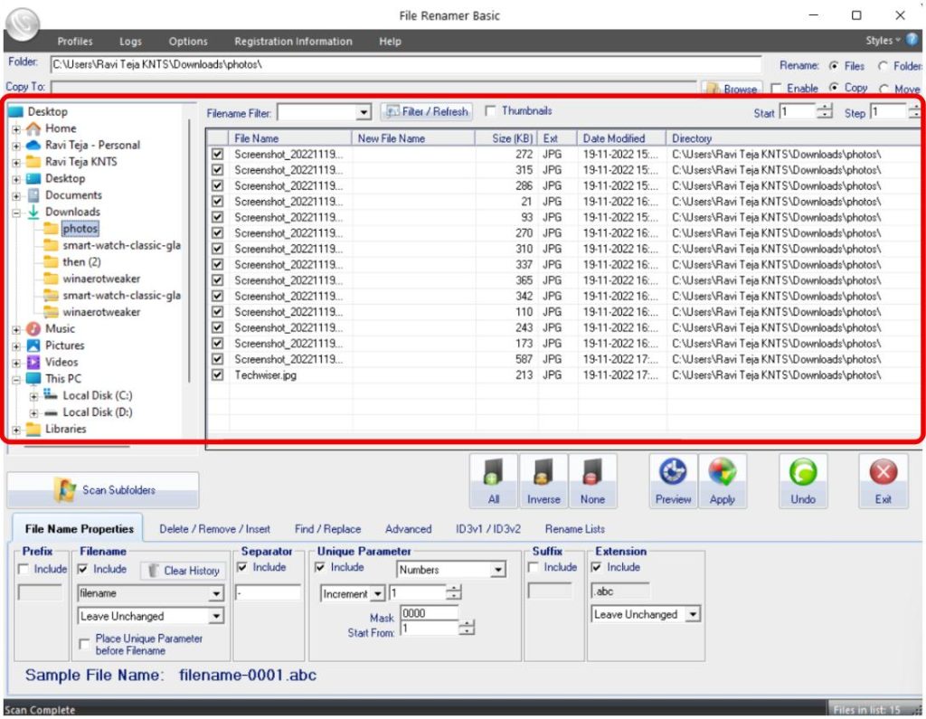 Выбор файла в File Renamer Basic