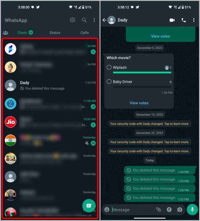 Выбор контакта для отправки местоположения в WhatsApp