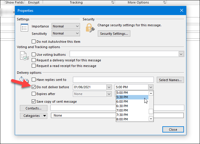 проверьте настройки задержки доставки Outlook