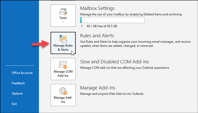 открыть правила Outlook и настройки оповещений