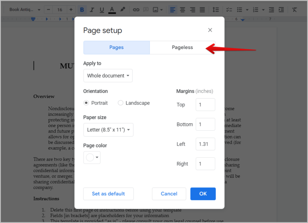 Создание документа без страниц в Google Docs