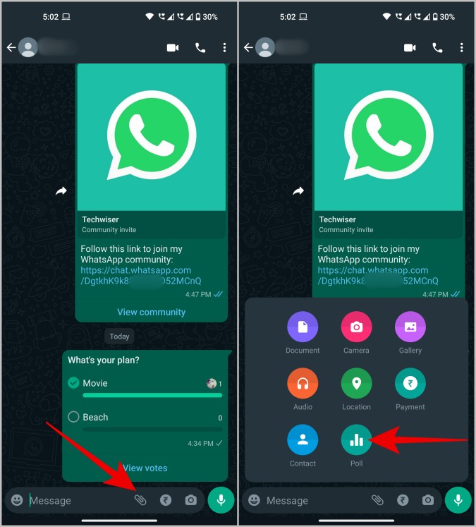 Открытие опции опроса в WhatsApp на Android