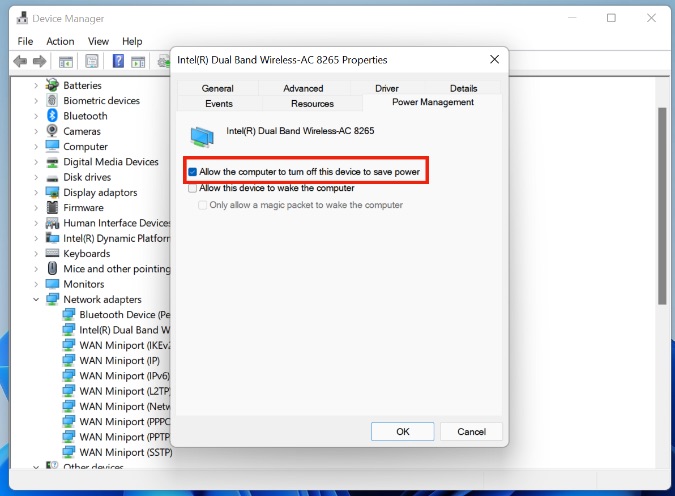 управление питанием в Windows Wi-Fi