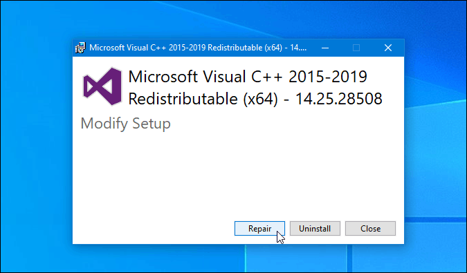 восстановить распространяемый пакет Microsoft Visual C++