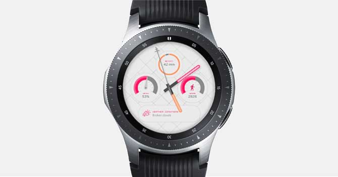 Снимок экрана Galaxy Watch с персонализированным циферблатом приложения Puji на экране